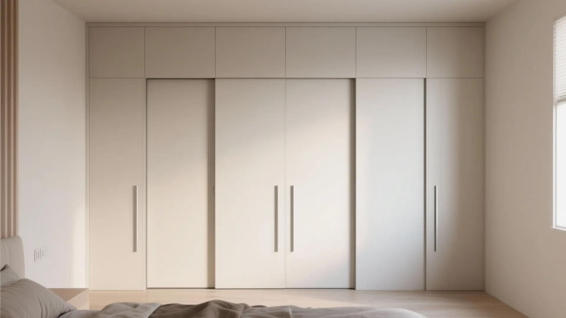 Floor to ceiling white sliding door cabinet in a minimalist bedroom with natural soft lighting