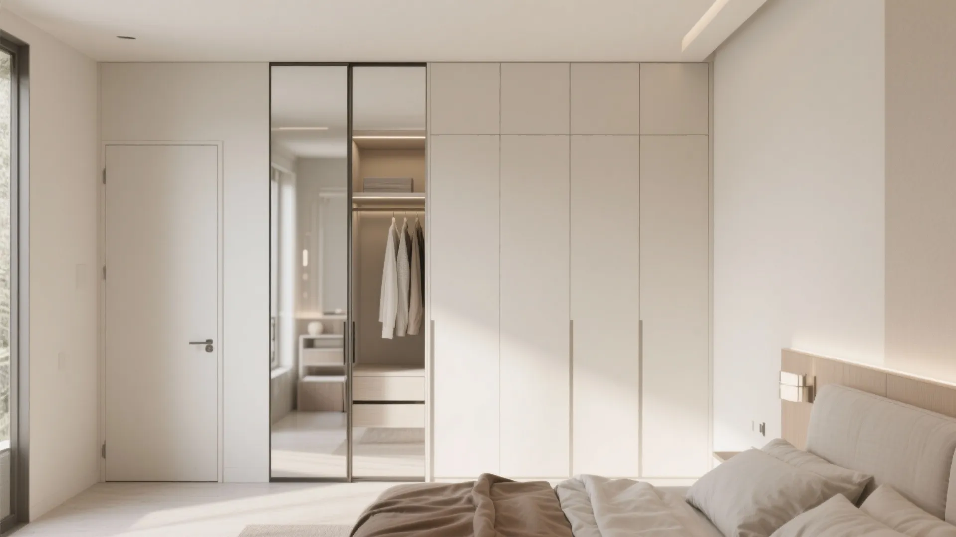 Minimalist white built-in cabinet with mirrored sliding doors showing hanging clothes in a bright bedroom