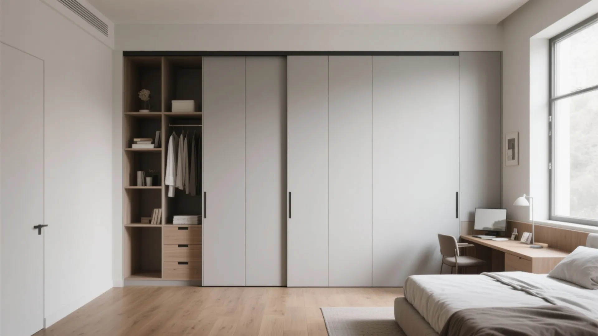 Minimalist bedroom with large grey sliding door cabinet beside a small wooden home office desk
