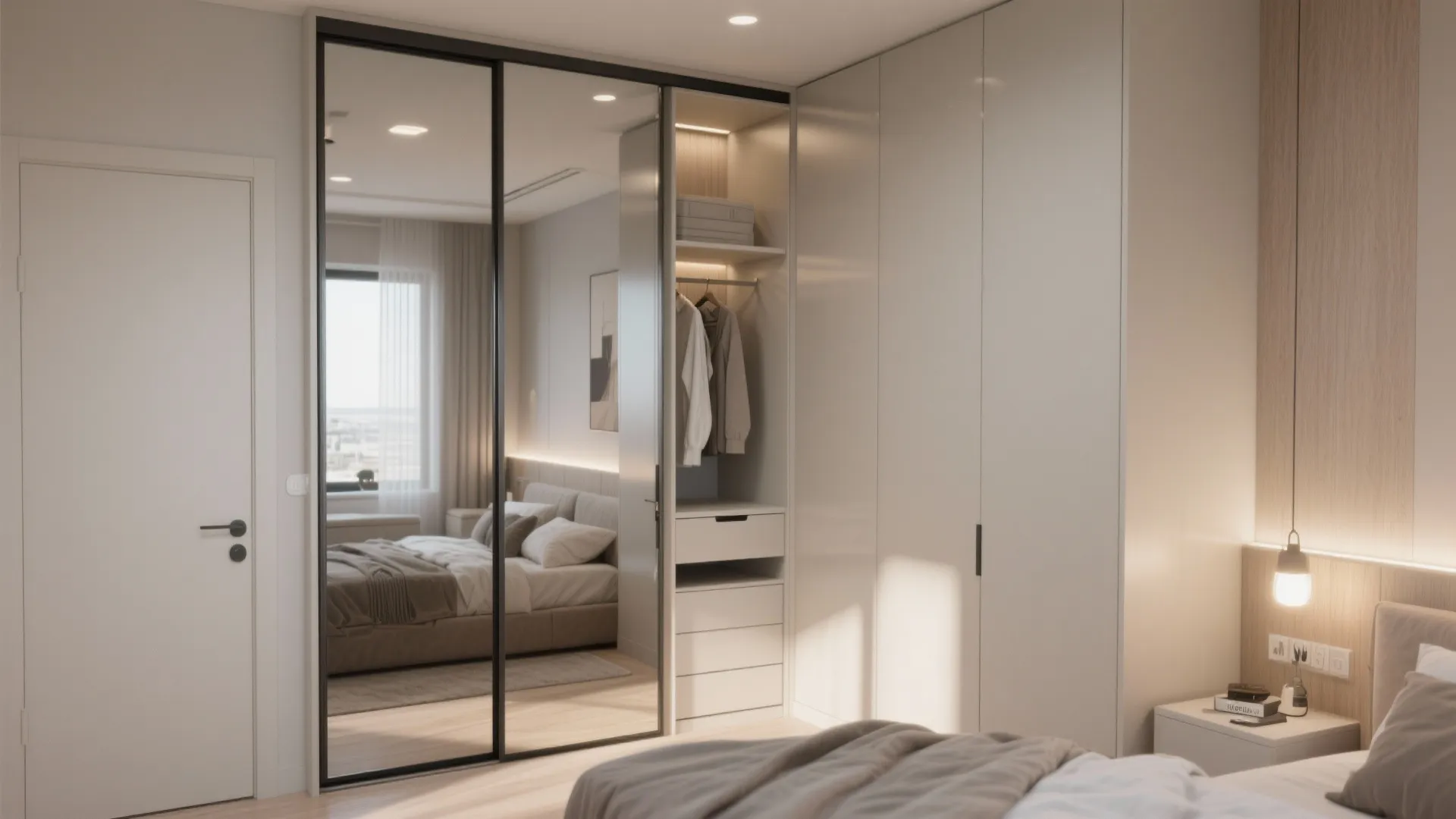 Modern beige wardrobe with a large mirror door and internal storage showing hanging clothes inside