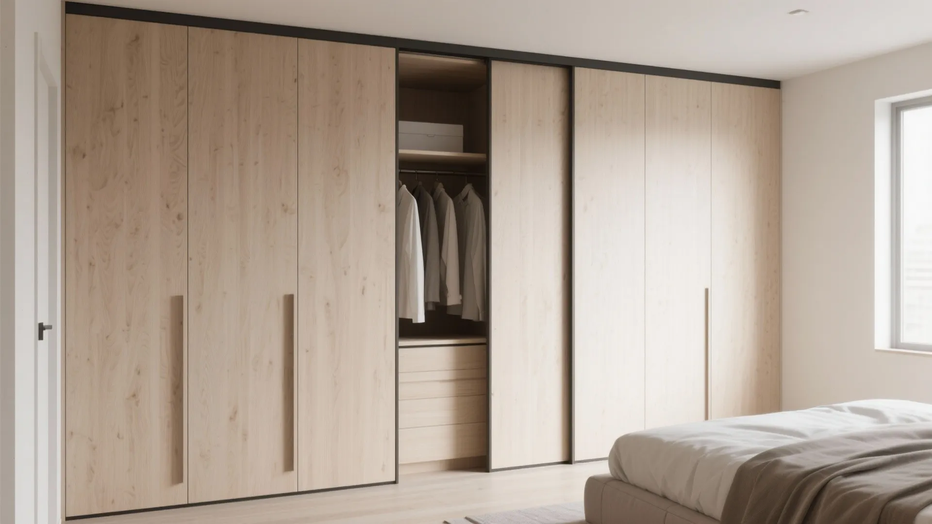 Built-in sliding door wardrobe in a small bedroom with light wood finish