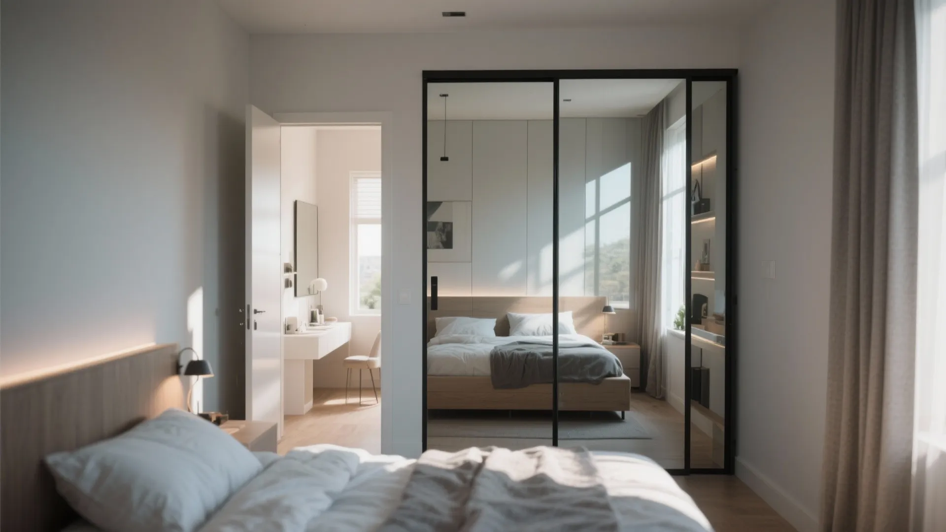 Small bedroom with mirrored sliding door wardrobe