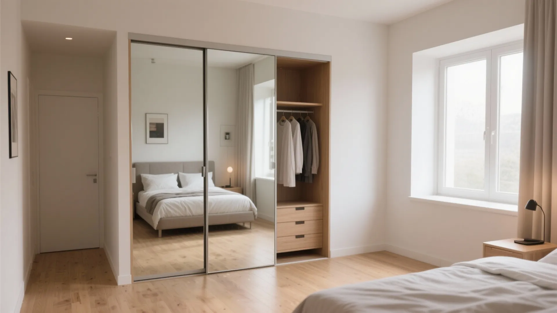 Modern bedroom with large sliding door cabinet featuring mirrors reflecting the bed and wooden floor