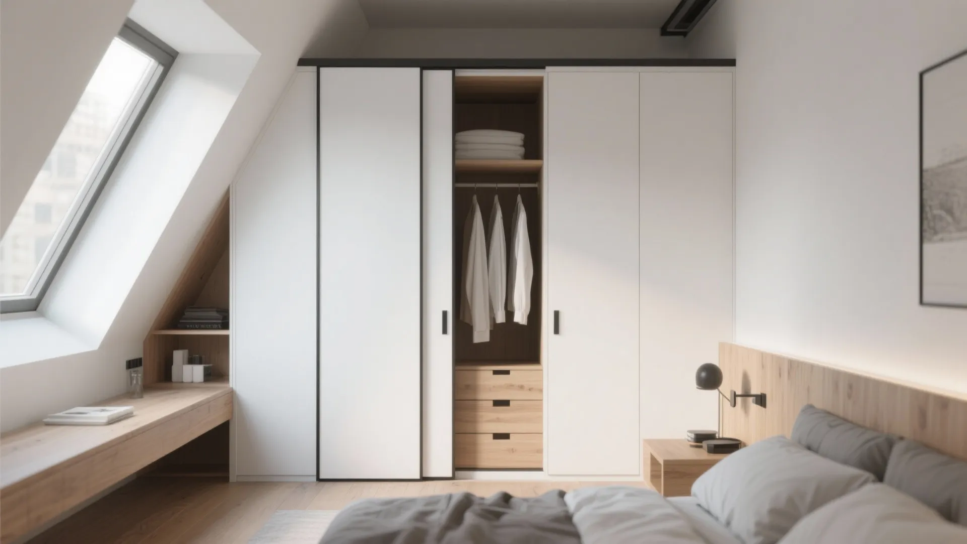 Modern attic bedroom with white sliding door cabinet wooden desk roof window and comfortable grey bed
