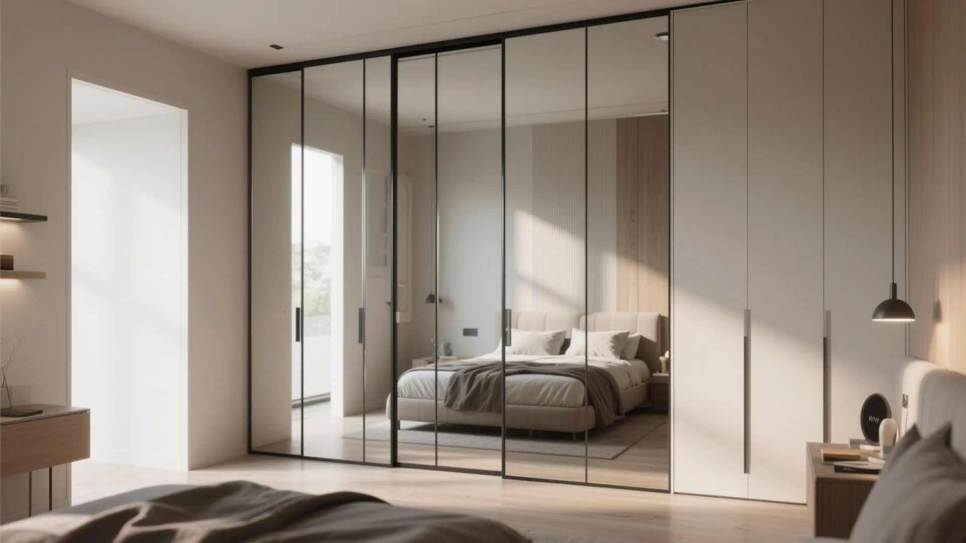 Modern bedroom featuring white cabinet with sliding glass doors reflecting a large bed and walls