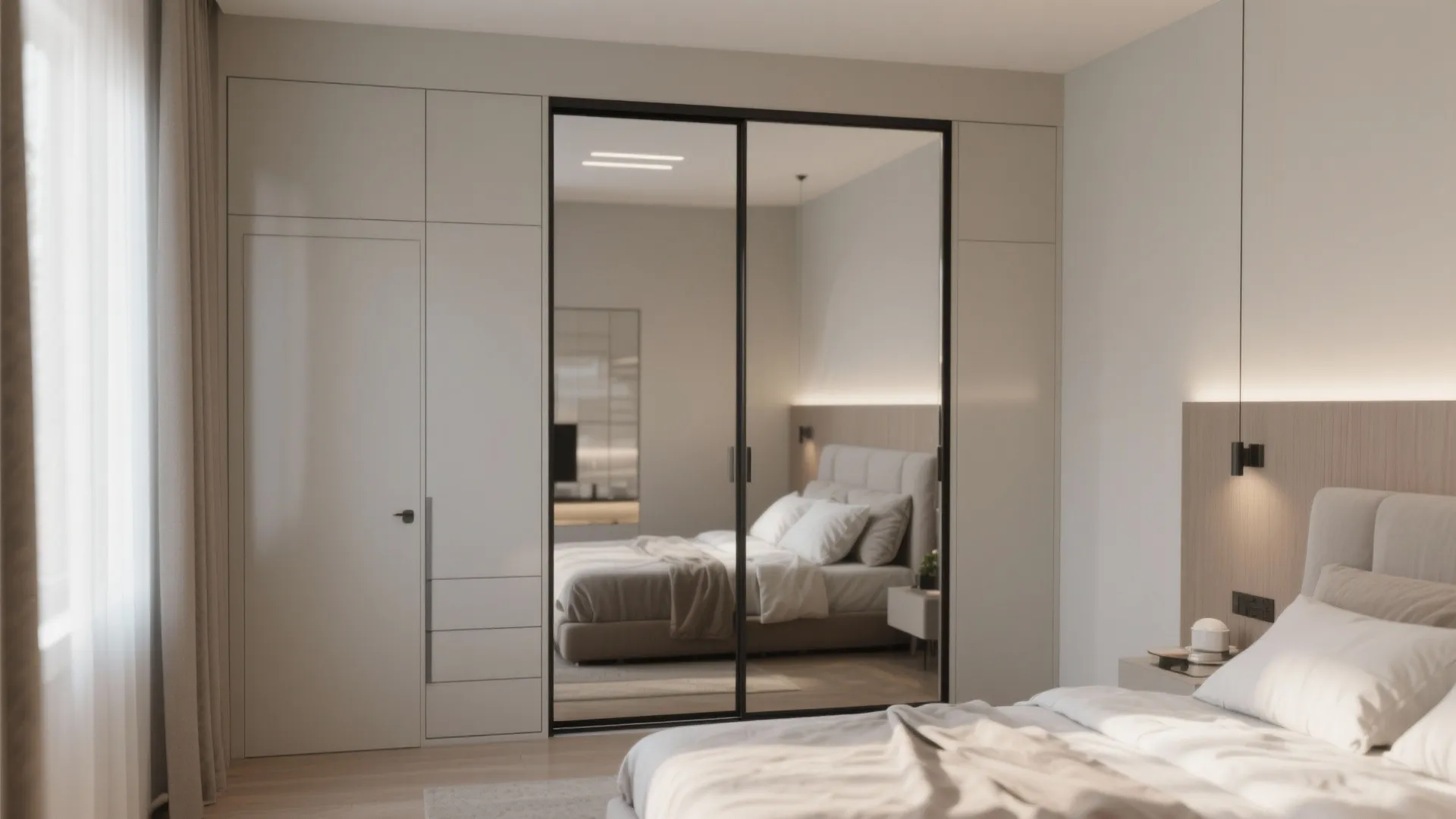 Small bedroom with sleek sliding door wardrobe in neutral tones