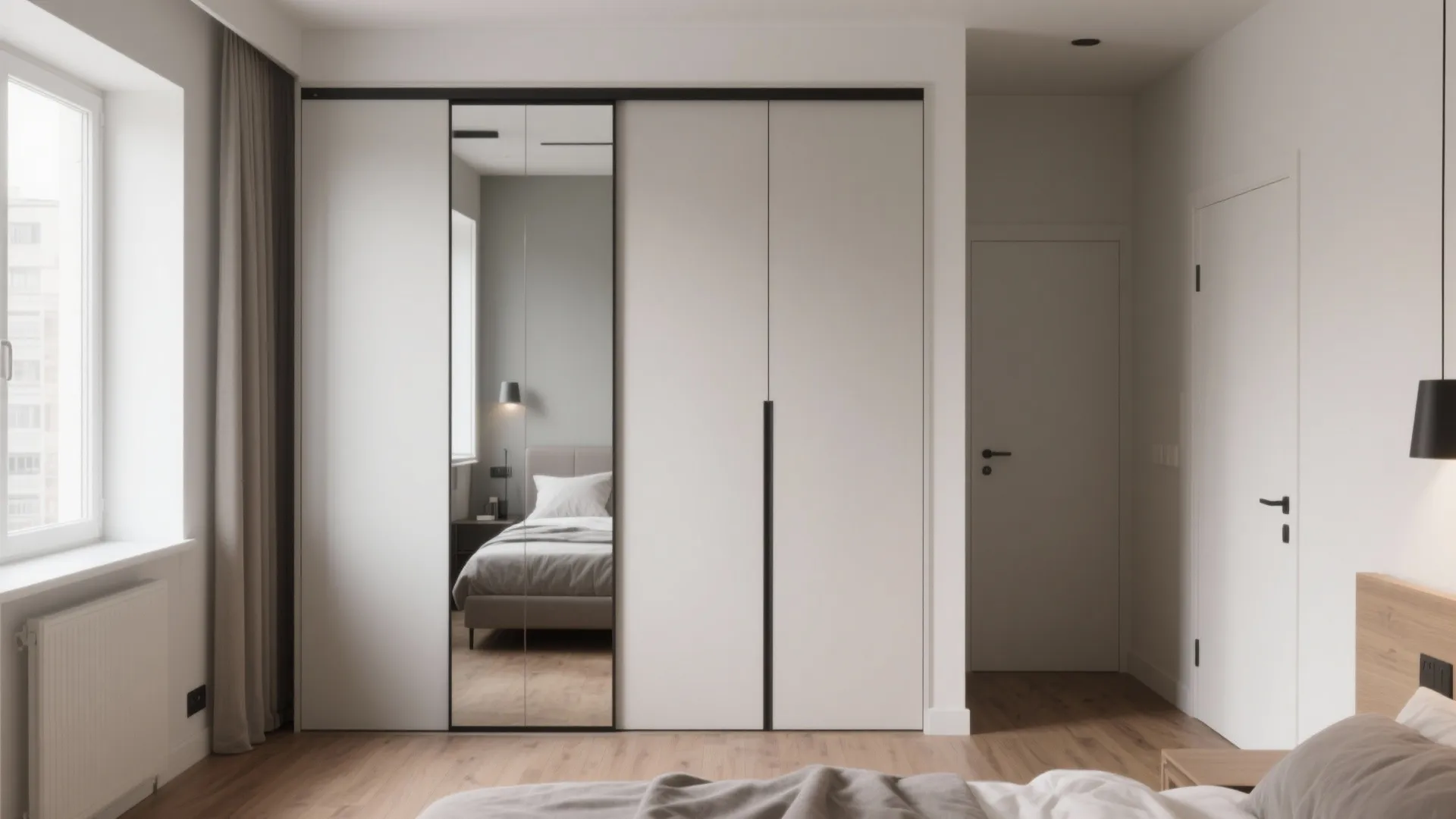 Minimalist white bedroom featuring a large cabinet with mirrored sliding door next to a bed