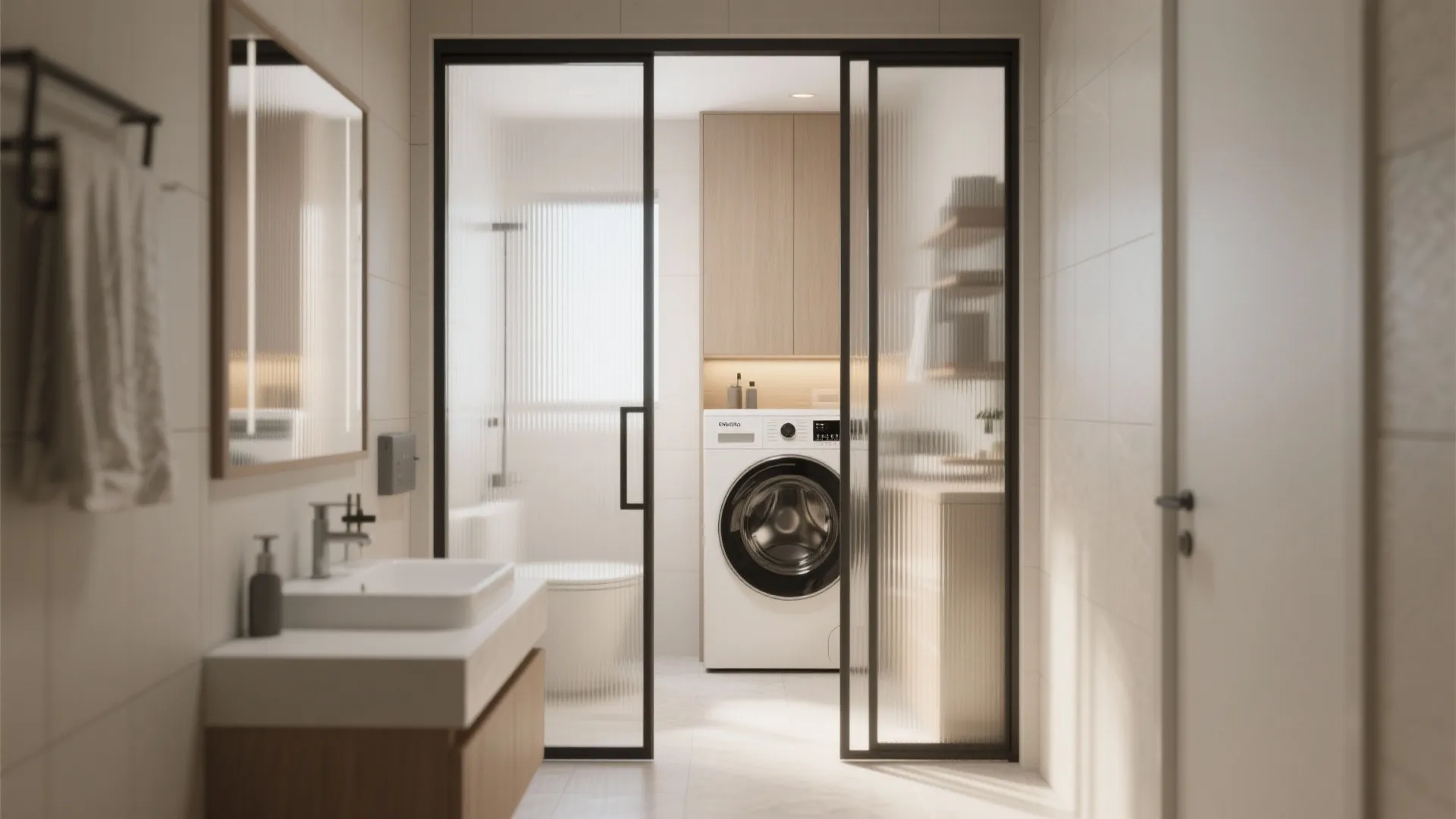 Bathroom interior view through sliding glass doors showing a washing machine and wooden vanity sink