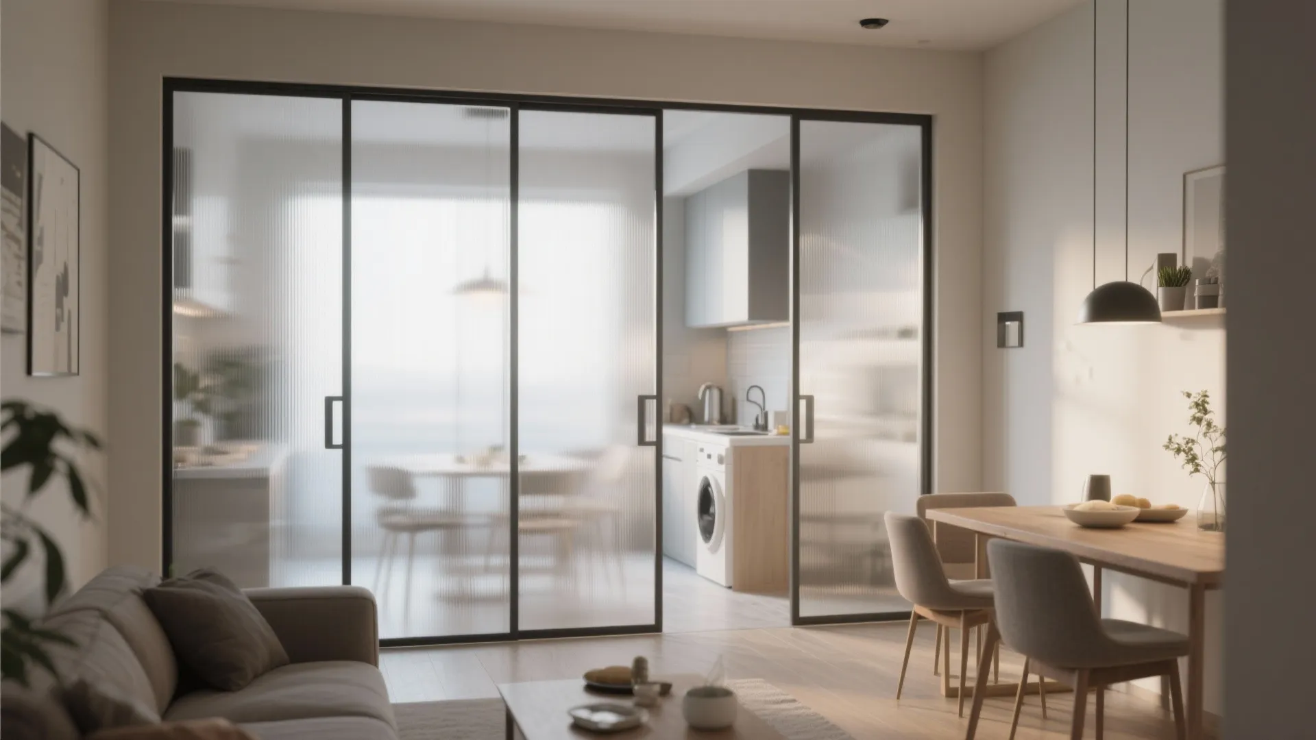 Small living dining with frosted sliding doors for privacy