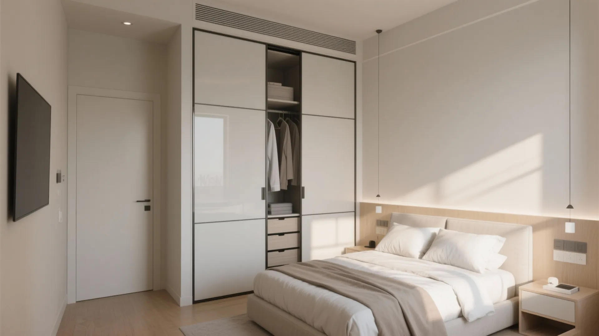Bright bedroom featuring large white sliding door closet wooden headboard beige bedding and wall TV