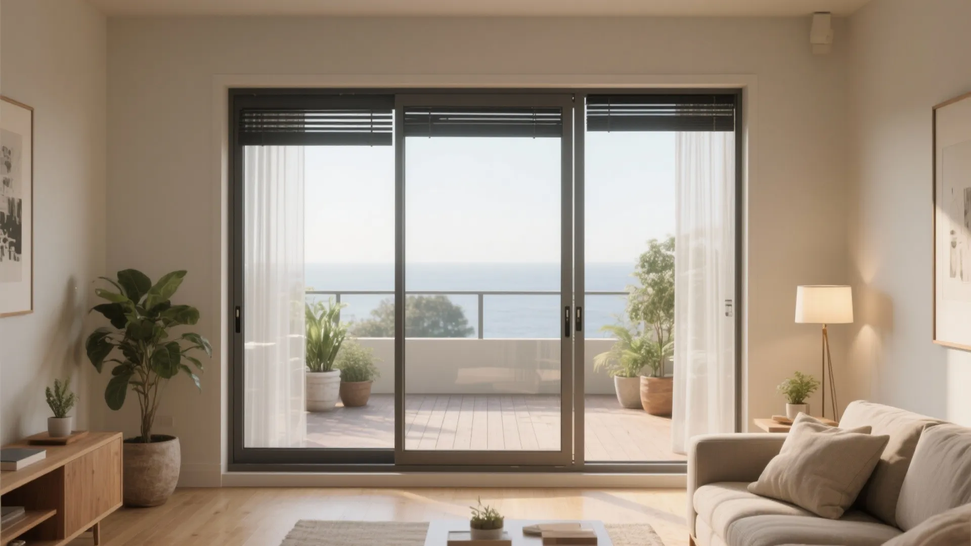 Modern living room with glass sliding doors opening to a balcony with a sea view