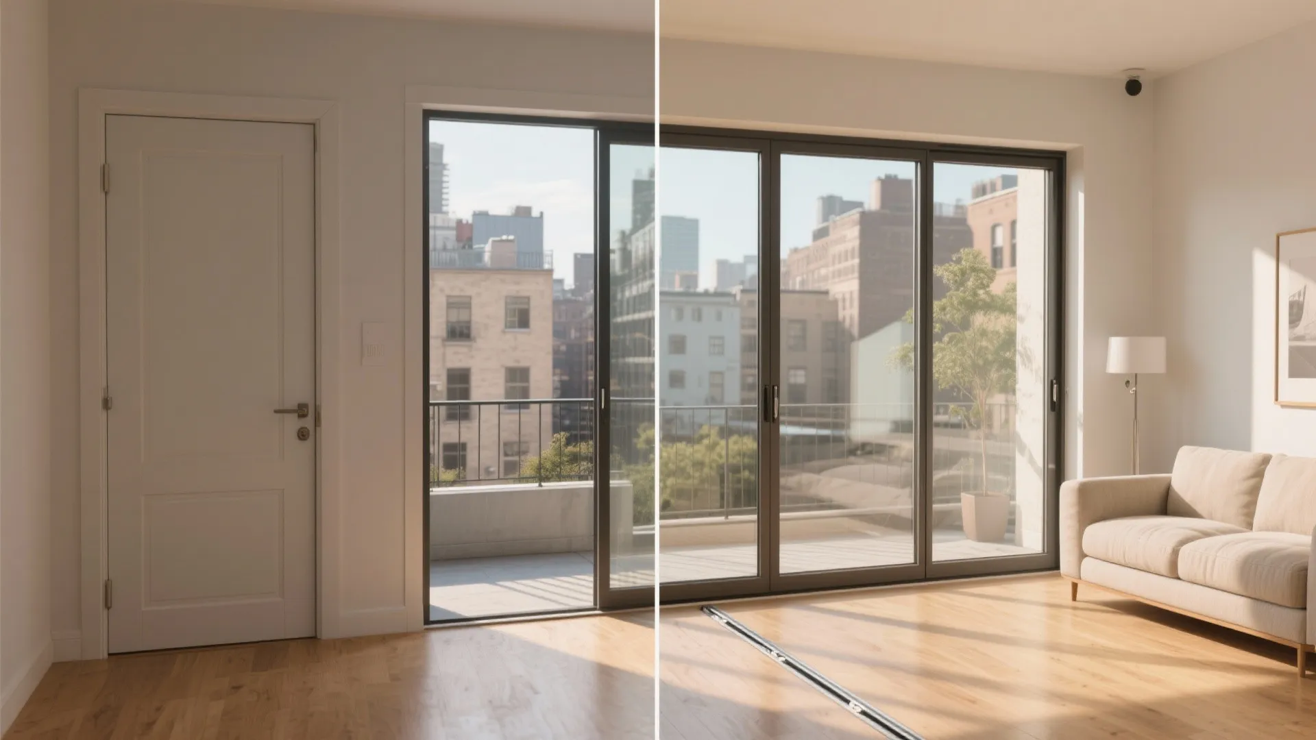 Sliding glass doors that connect to a balcony or patio