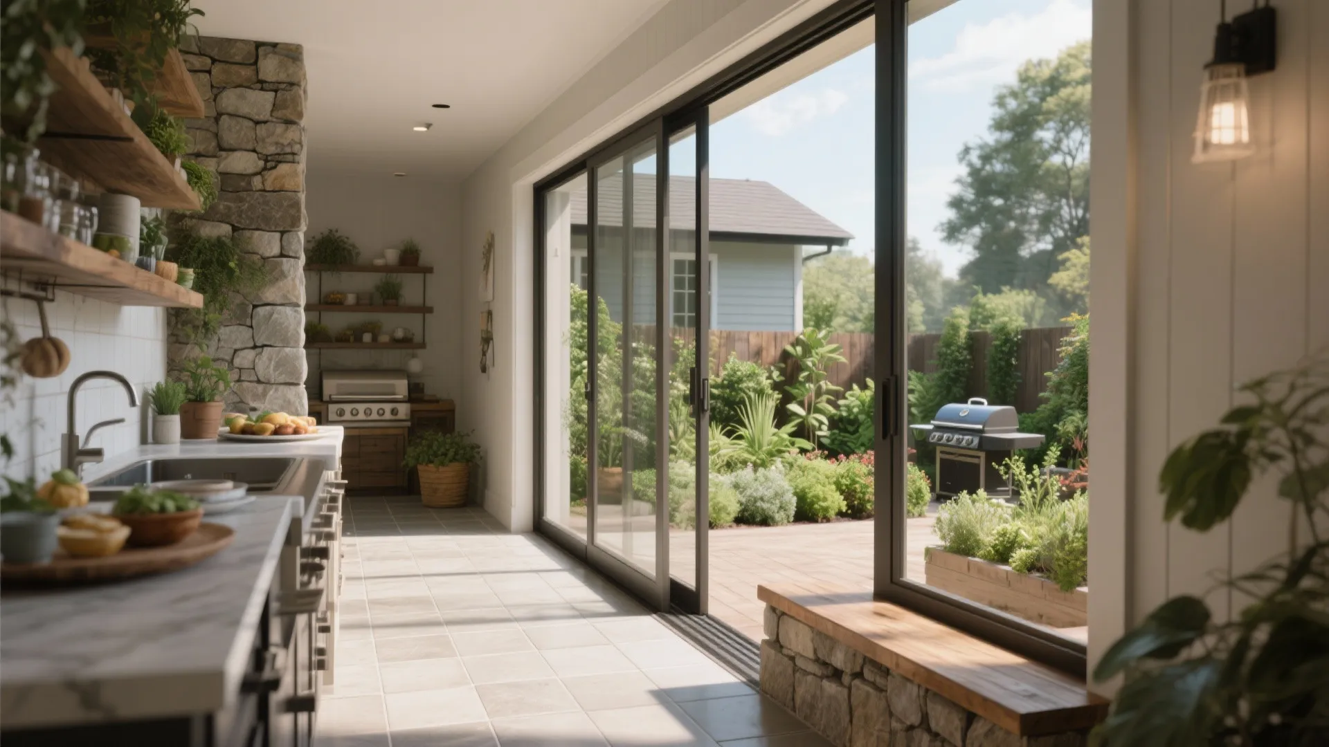 Modern indoor kitchen featuring large glass sliding doors that open to a garden with grill