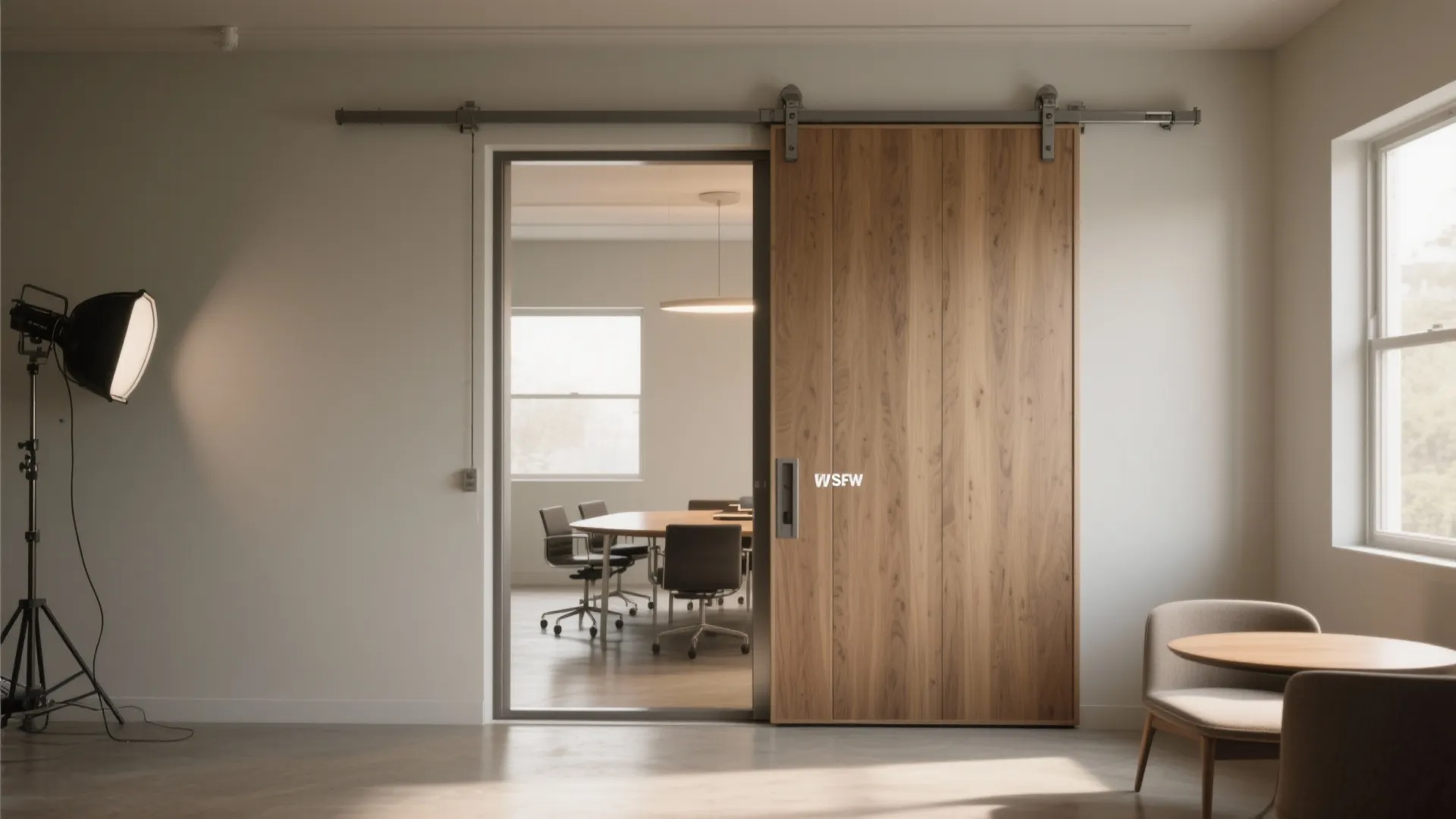 Wooden sliding door opening to a meeting room with oval table chairs and ceiling light