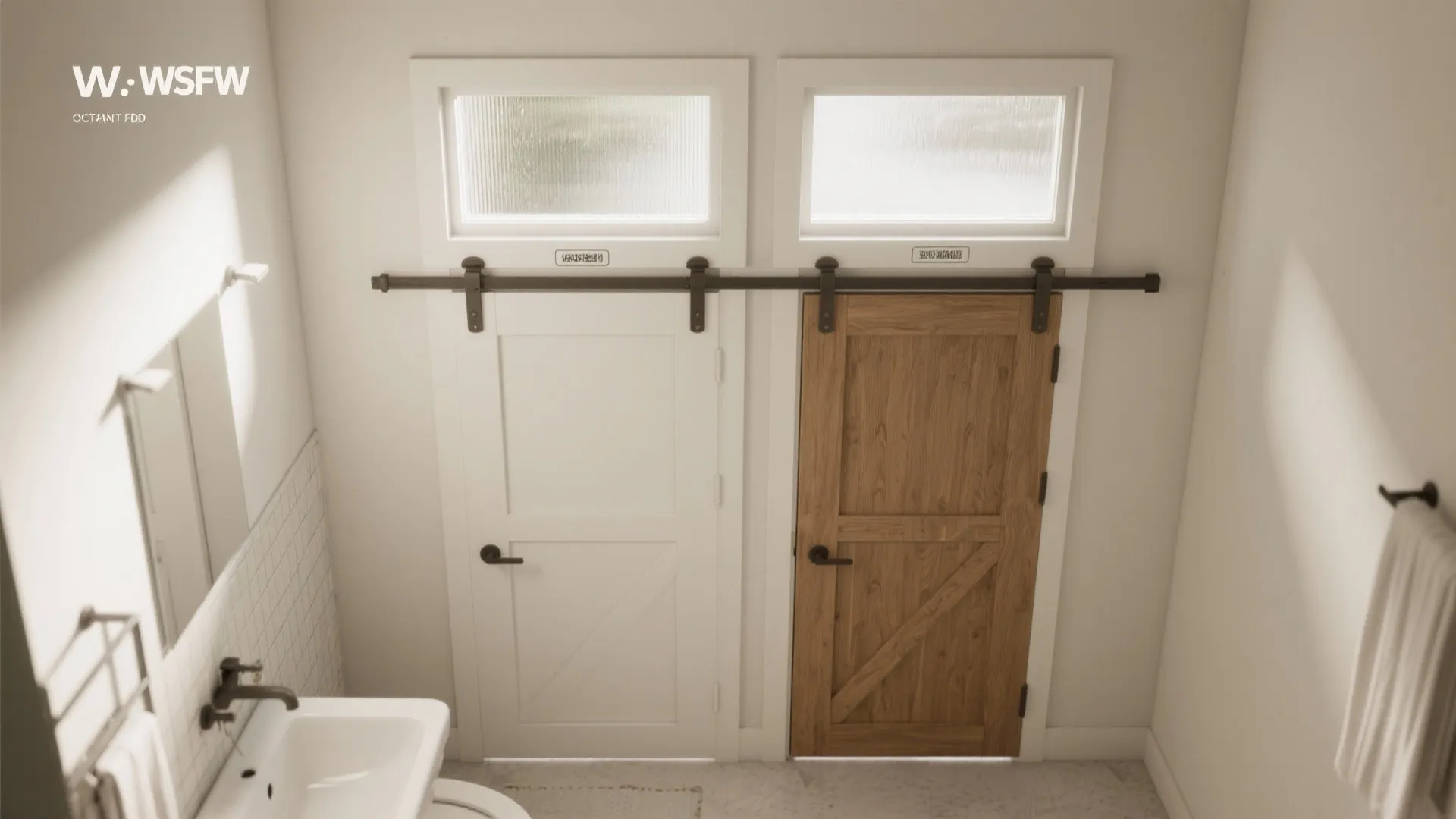 Top-down comparison of pocket door and barn-track sliding door with frosted transom showing clearance considerations.