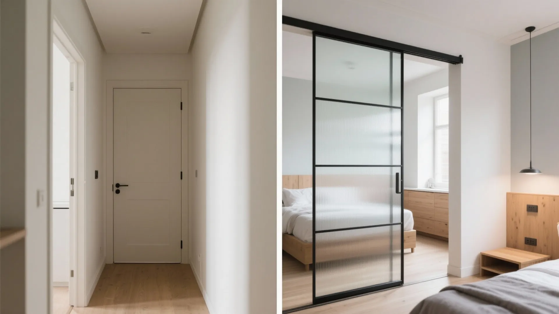 Modern bedroom with black frame sliding glass door wooden bed light walls and wood flooring design