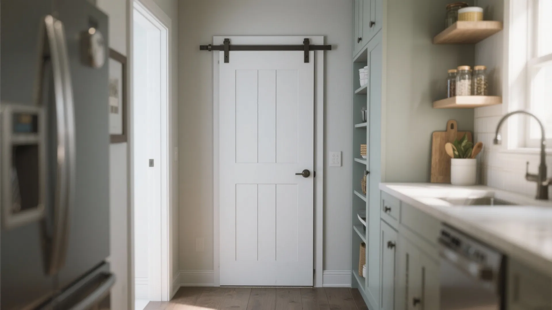 Galley kitchen showing a pocket entry door and a sliding pantry door to maximize aisle width and circulation.
