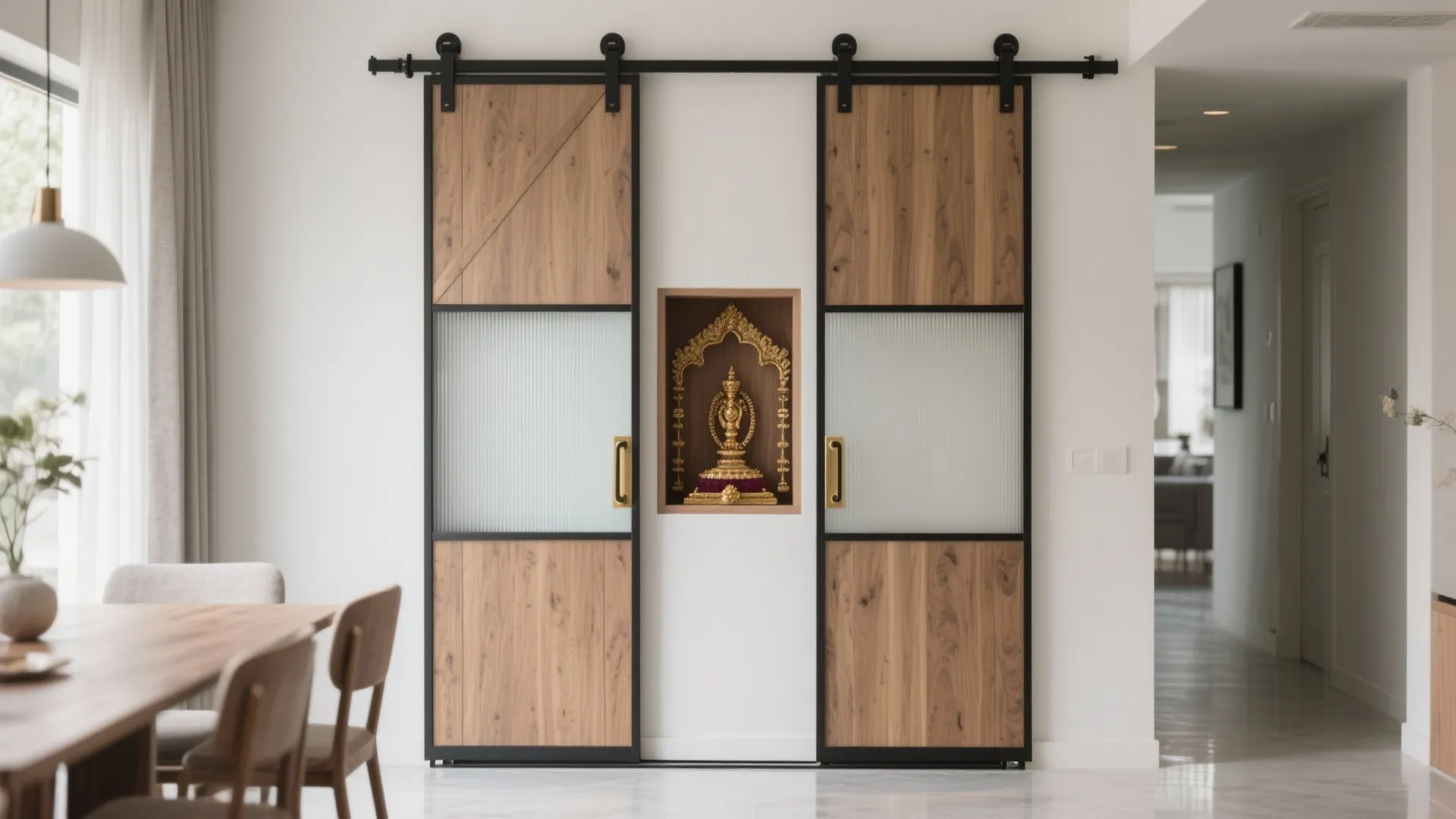 Space-saving sliding double doors for a compact pooja niche, translucent panels and soft-close tracks in a modern corridor.