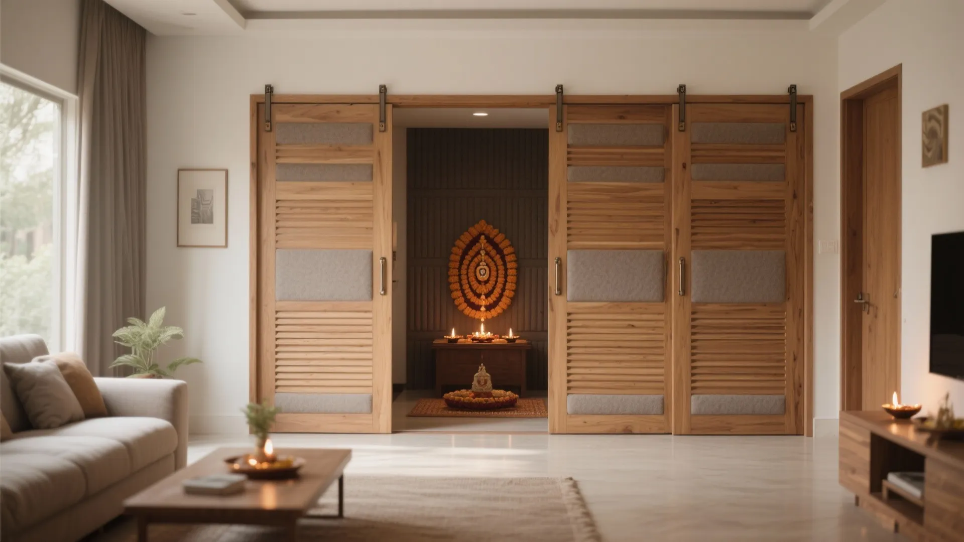 Living room with grey sofa and wooden sliding doors opening to reveal a traditional prayer room