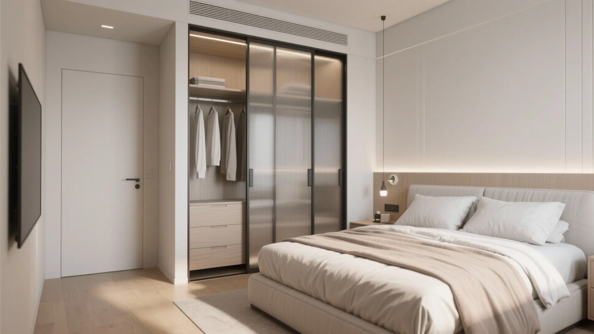 Minimalist bedroom featuring a glass sliding door cabinet with hanging clothes and a large bed