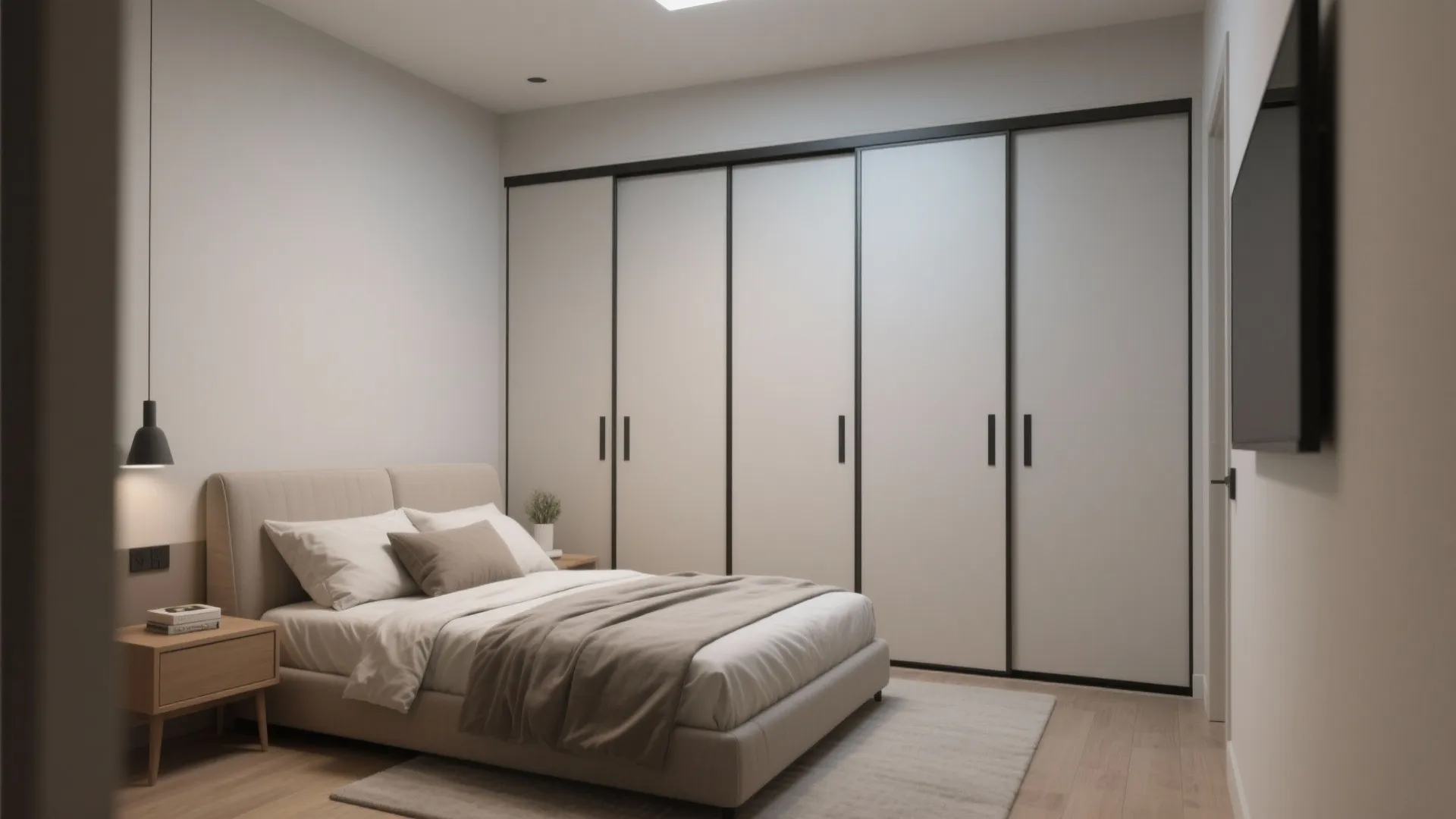 Minimalist bedroom design featuring large white sliding door cabinet wood floor and small bedside table lamp