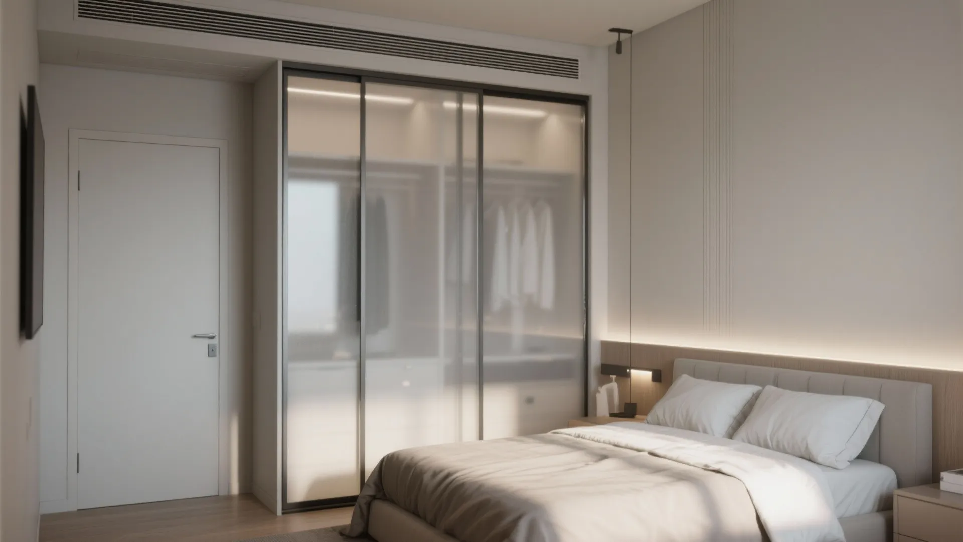 Small bedroom with frosted glass sliding closet doors