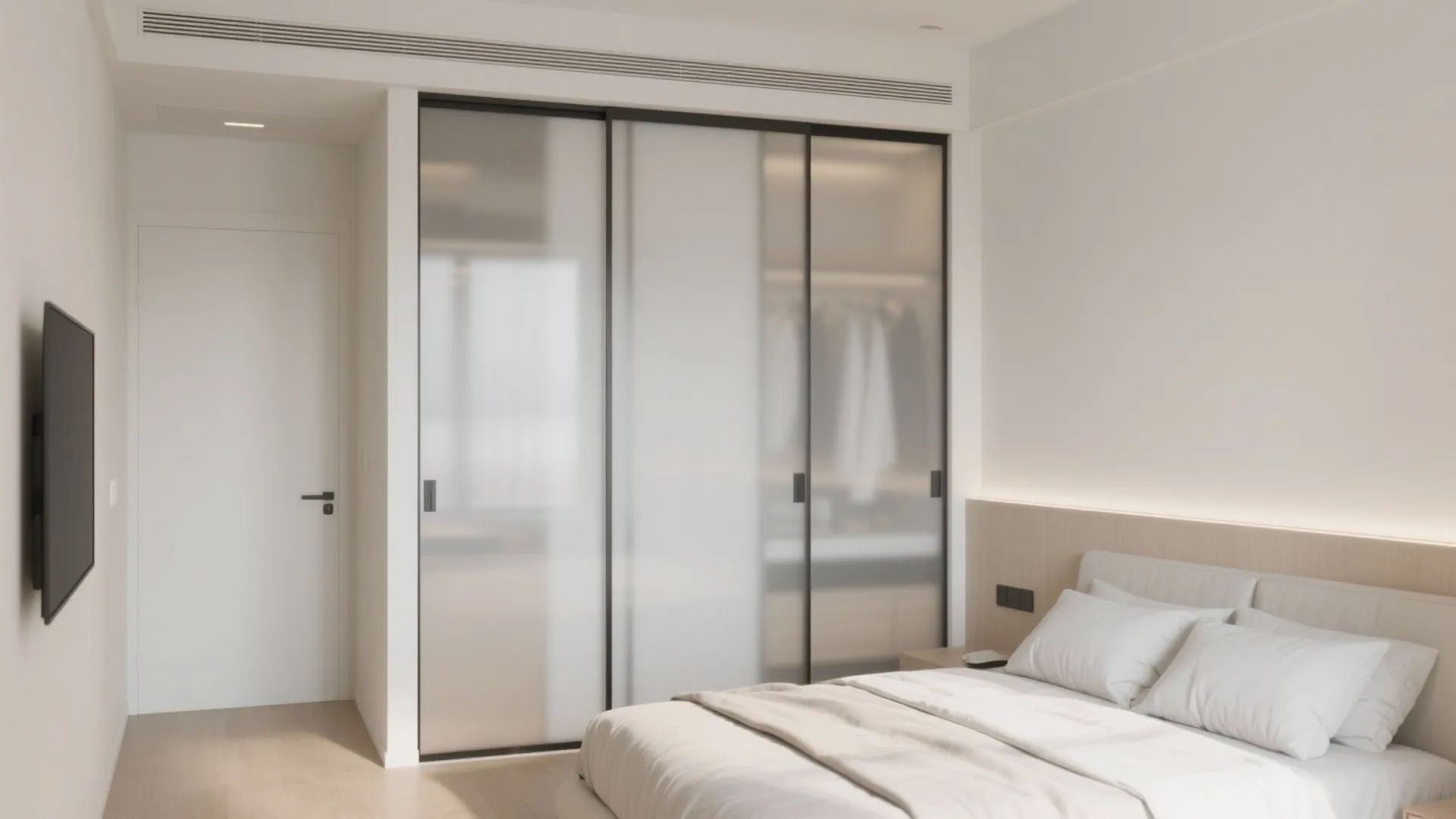 Modern bedroom featuring frosted glass sliding closet doors white bed and wall mounted television screen