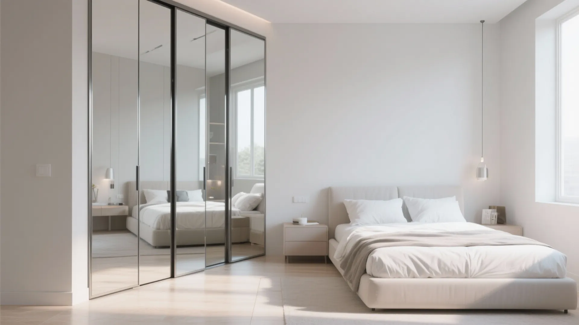 Modern bright bedroom featuring large mirrored sliding wardrobe doors reflecting a white bed and window