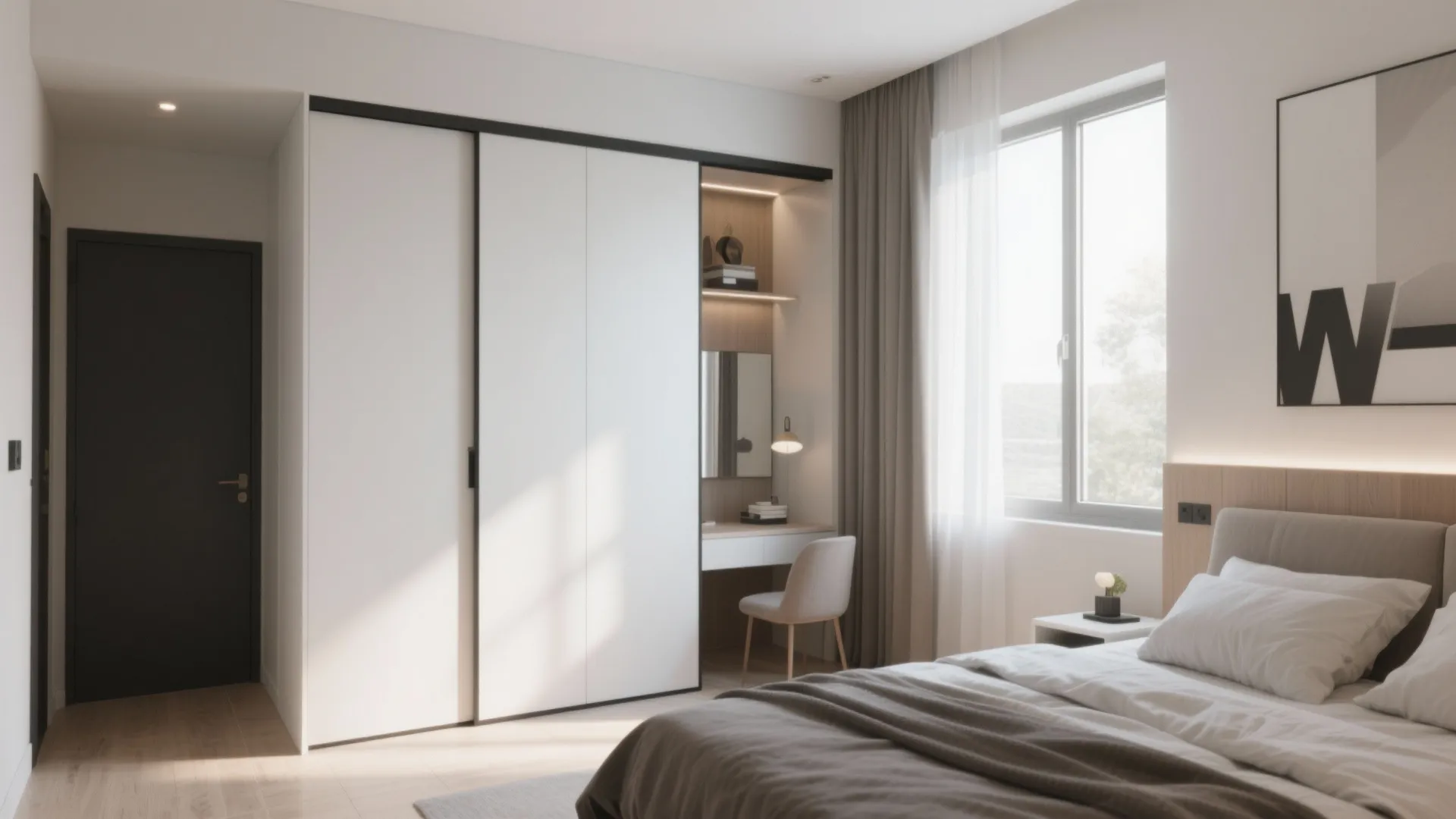 Minimalist bedroom with white sliding door wardrobe small desk grey bed and large window with curtains