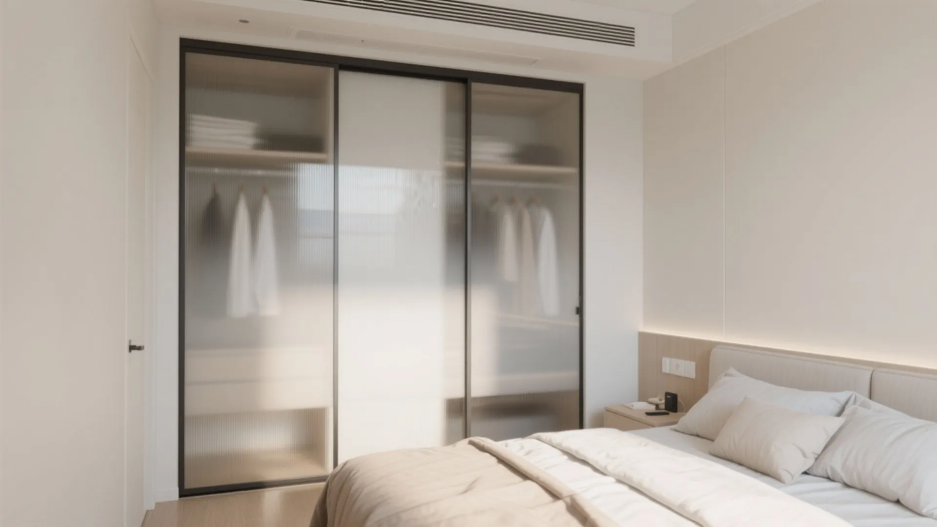 Minimalist bedroom interior showing a large white bed and sliding frosted glass doors for closet