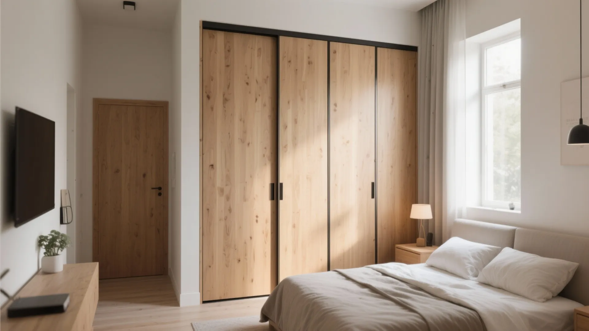 Minimalist bedroom featuring a large wooden closet with sliding doors and natural light from window