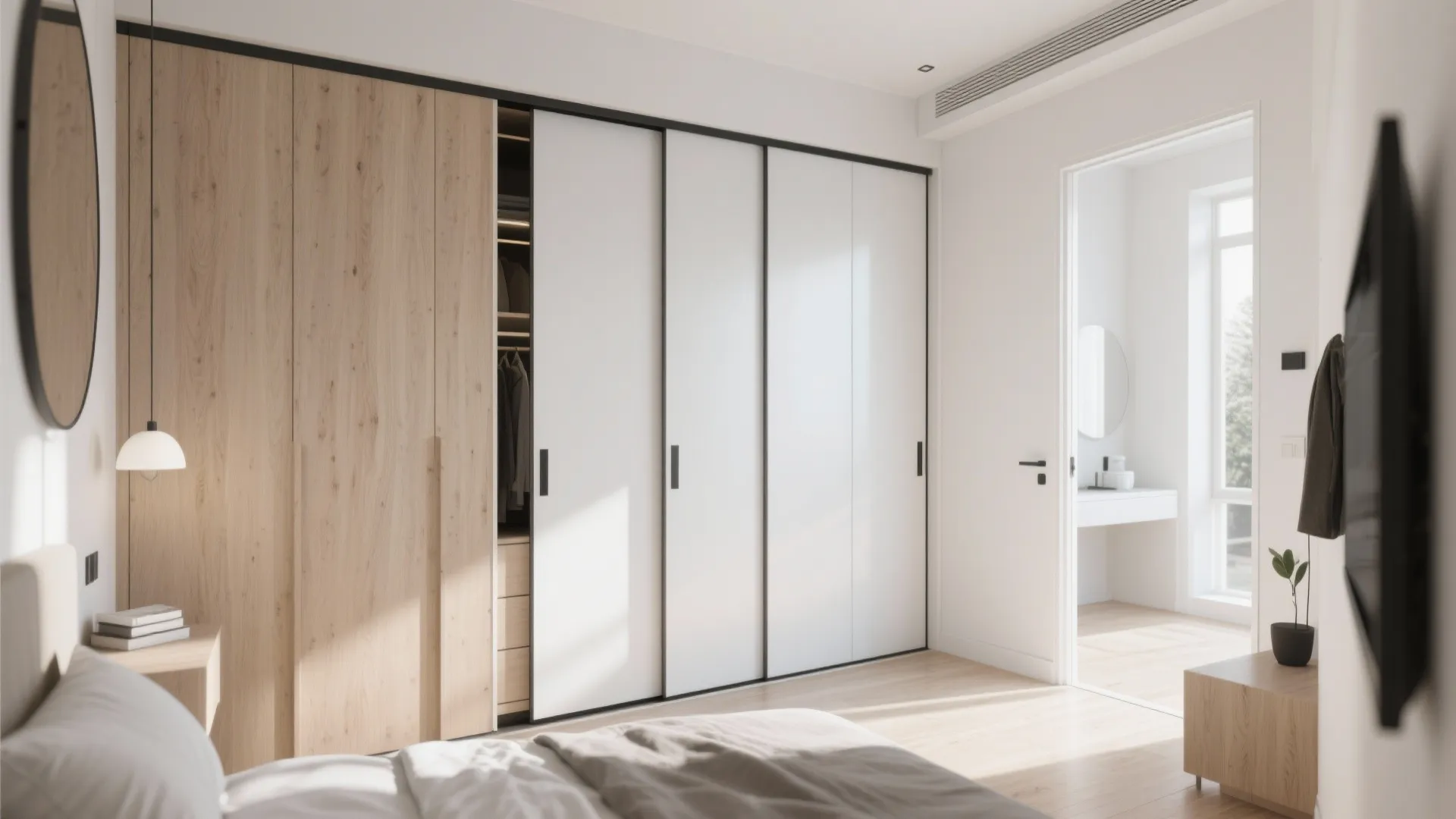 Small bedroom with sliding wardrobe and entry doors