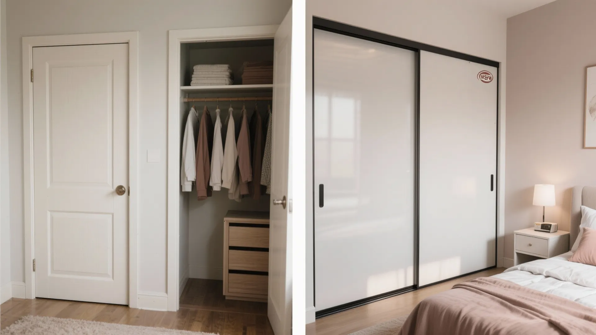 Before-and-after comparison showing an old open closet versus new modern white sliding doors in a bedroom