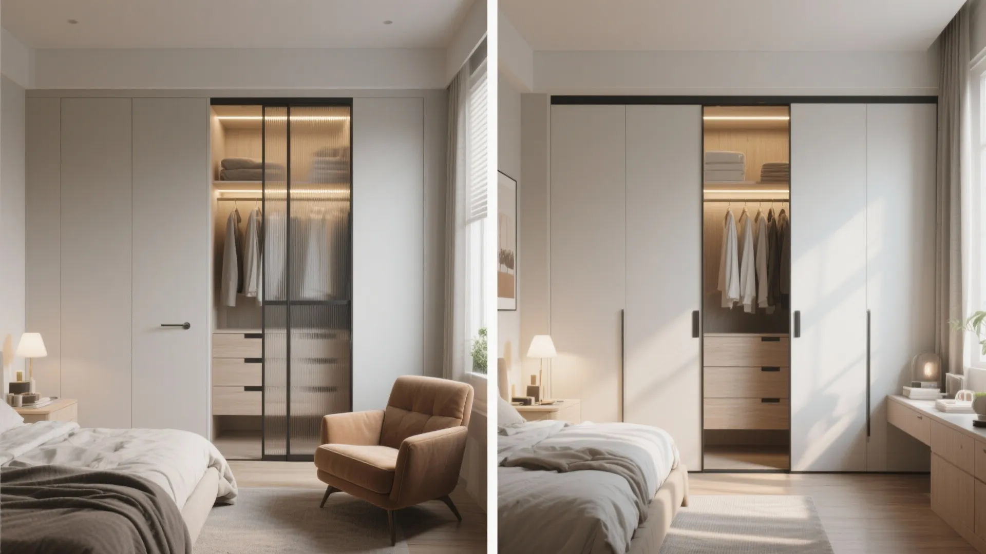 Closet with sliding doors and integrated lighting in small bedroom