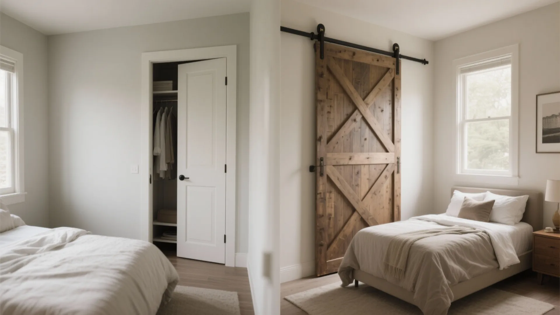 Small bedroom before and after replacing swing door with sliding barn door