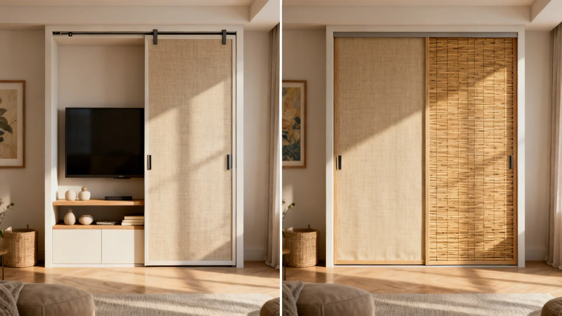 Media unit shown with TV exposed on one side and concealed by sliding fabric doors on the other.
