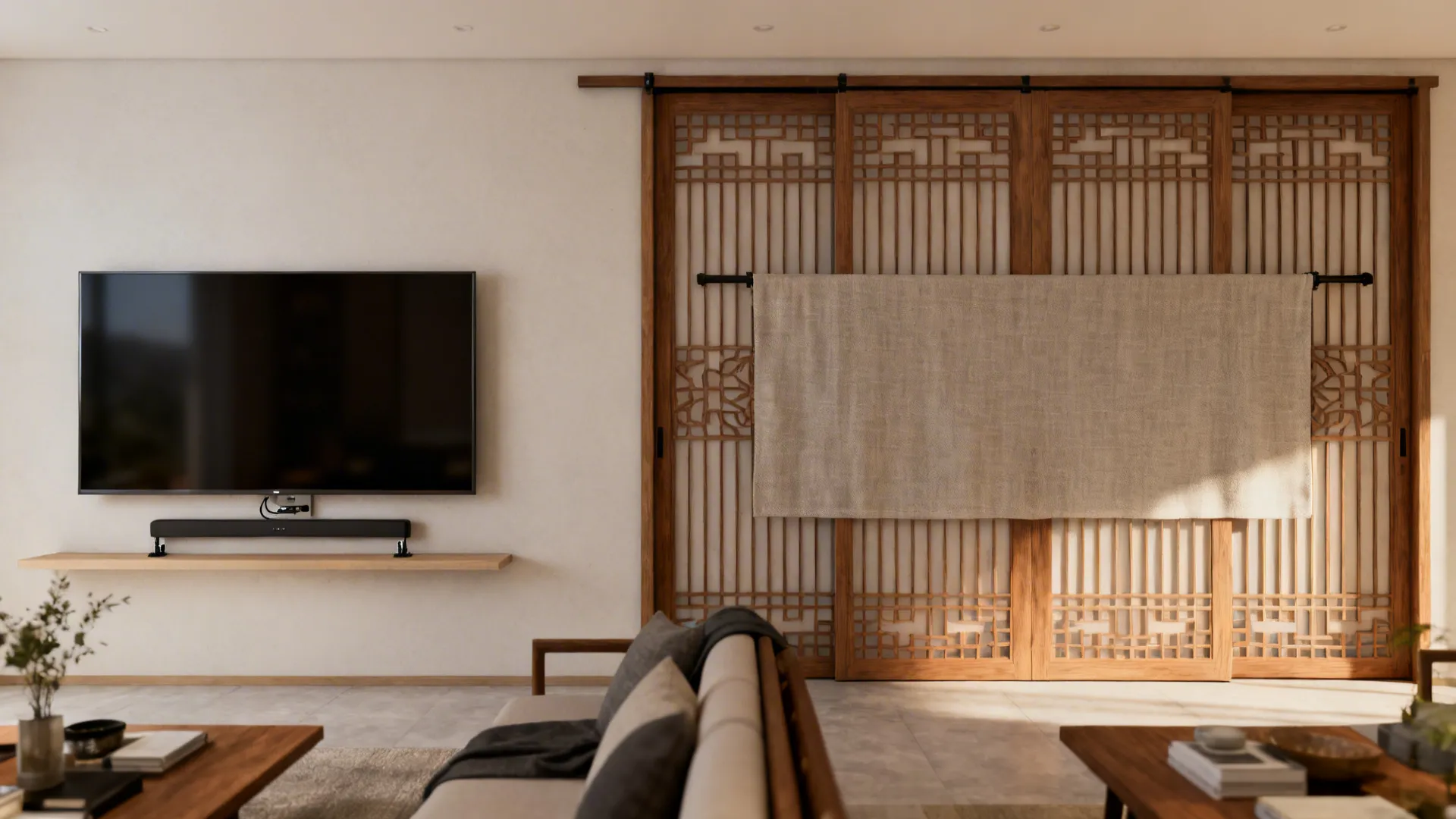 Before and after view of a TV wall with sliding doors closed to conceal the screen in a living room