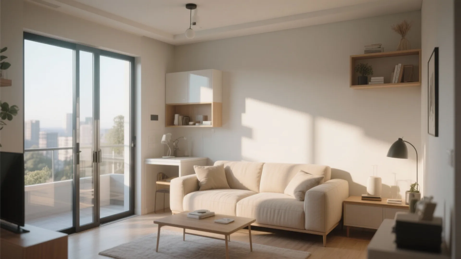 Glass sliding doors connect living room to bright outdoor area