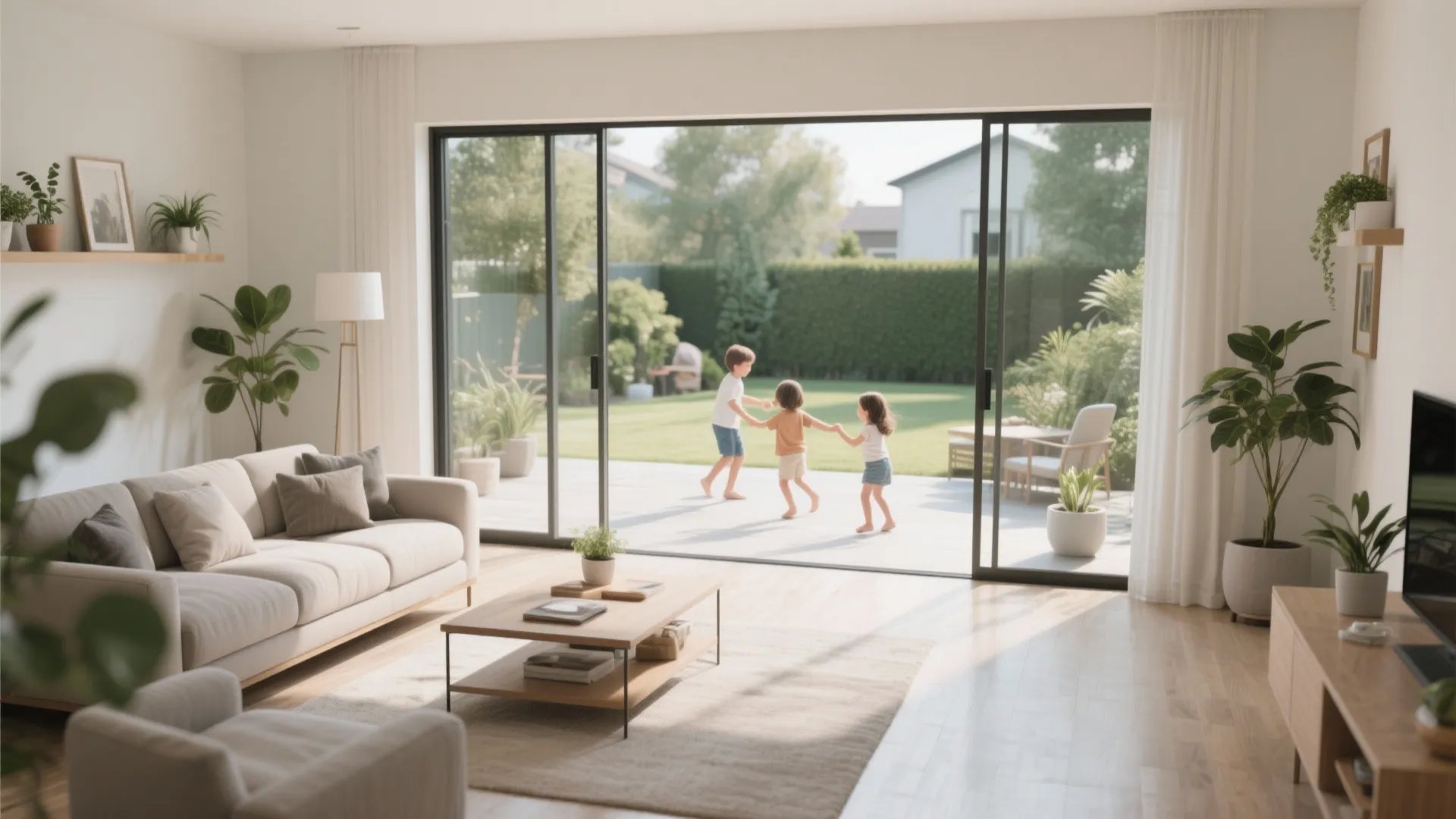 Modern living room with grey sofa and sliding glass doors opening to kids playing outside
