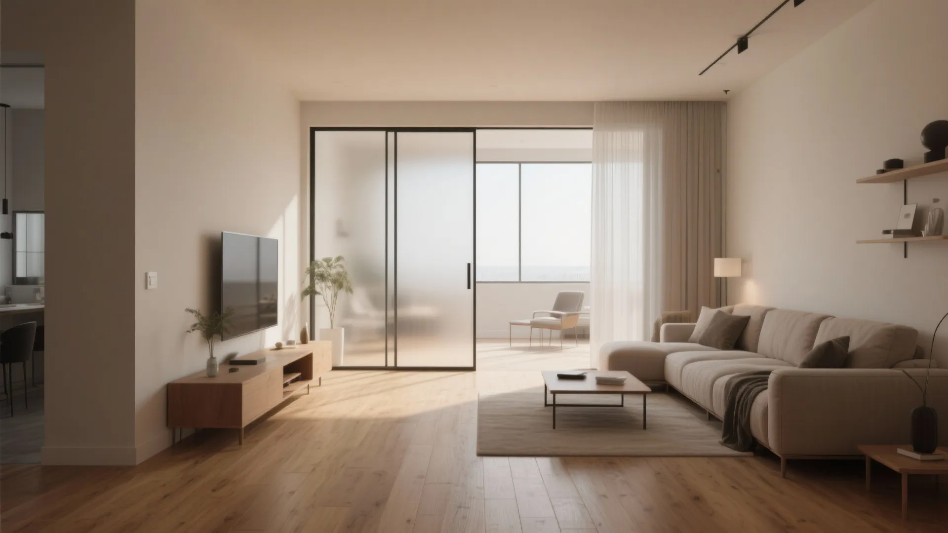 Living room with sliding glass doors leading to a balcony and a sofa with TV
