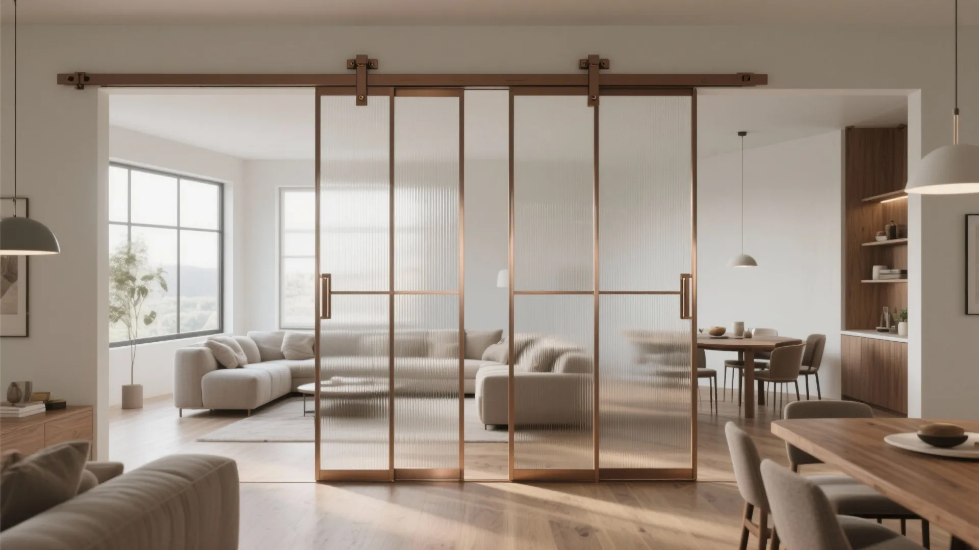 Modern interior design drawing with gold sliding doors separating a minimalist living and dining room
