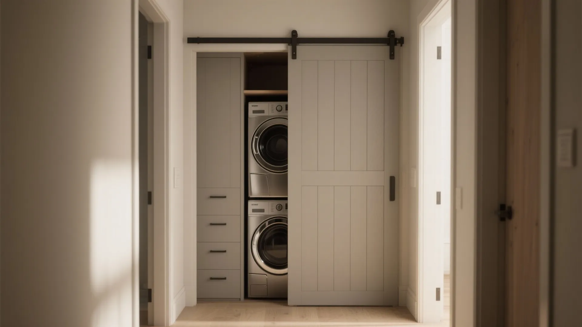 Laundry nook in hallway with stacked washing machine dryer grey cabinets and sliding grey door