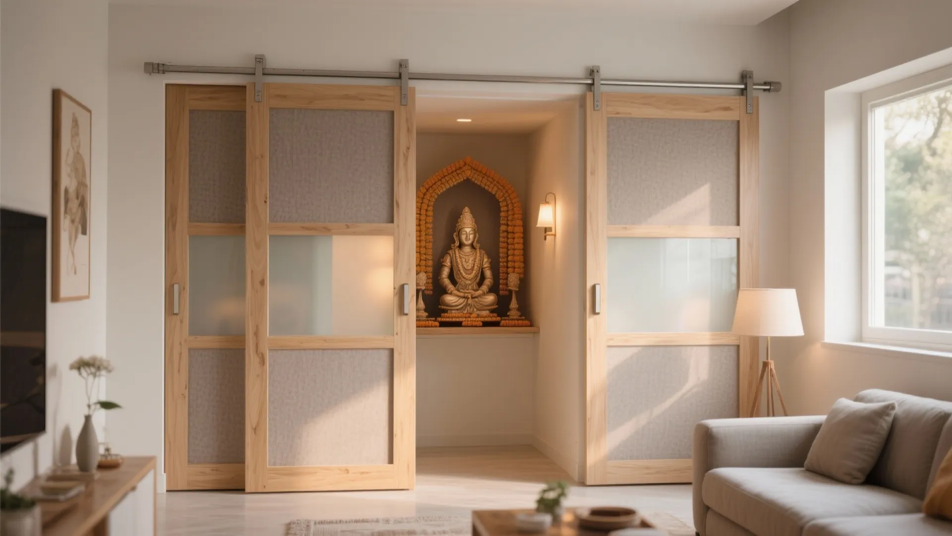 Living room with sliding wood doors leading to a prayer area with a gold statue