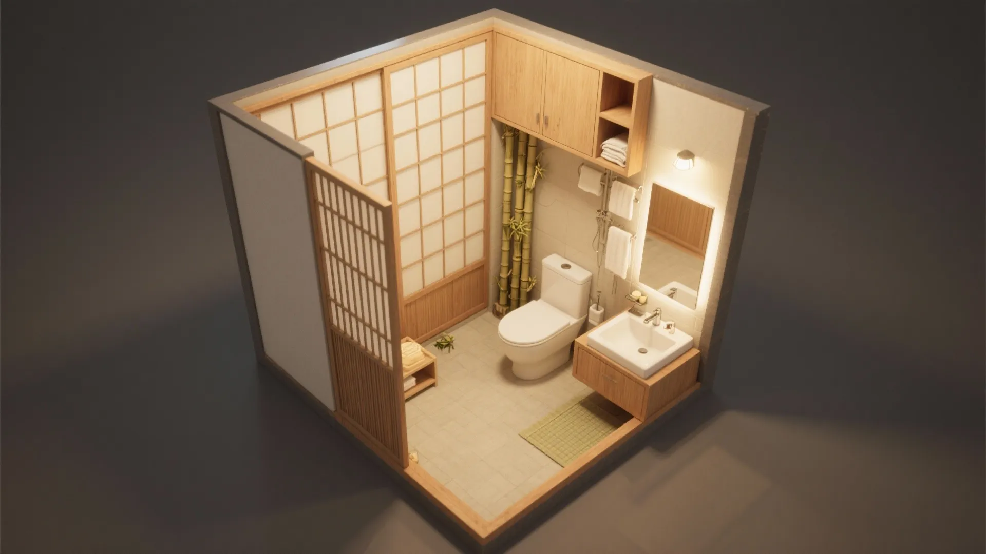Bathroom layout with shoji sliding doors and hidden storage