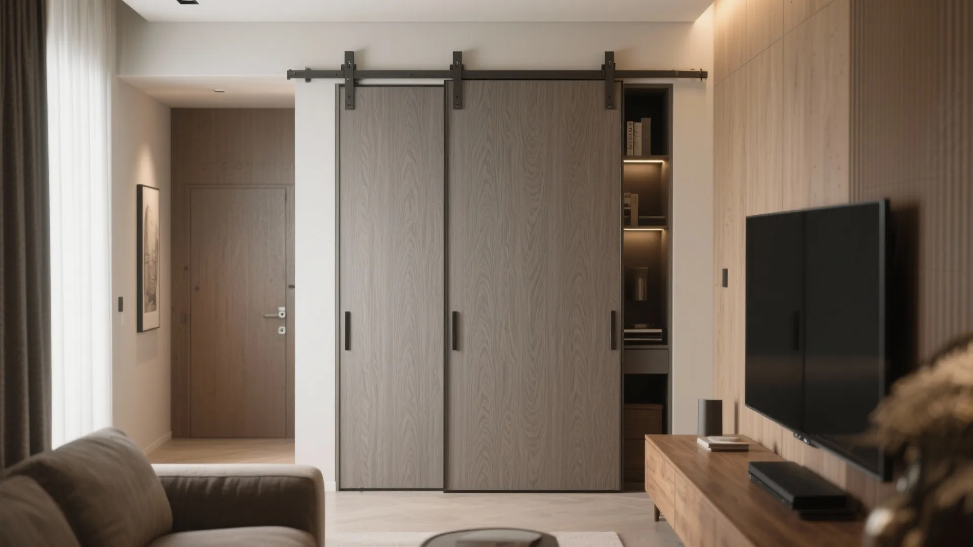 Living room interior with wood sliding doors on black tracks next to a television cabinet