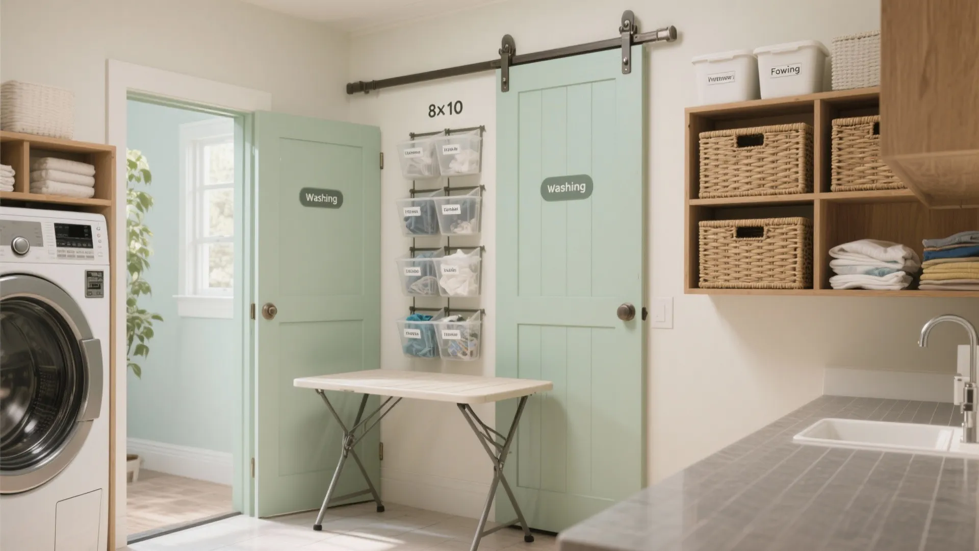 Wide view of a laundry room with a pocket sliding door, door-back vertical organizers, and a folding table by the entrance showing clear workflow zones.
