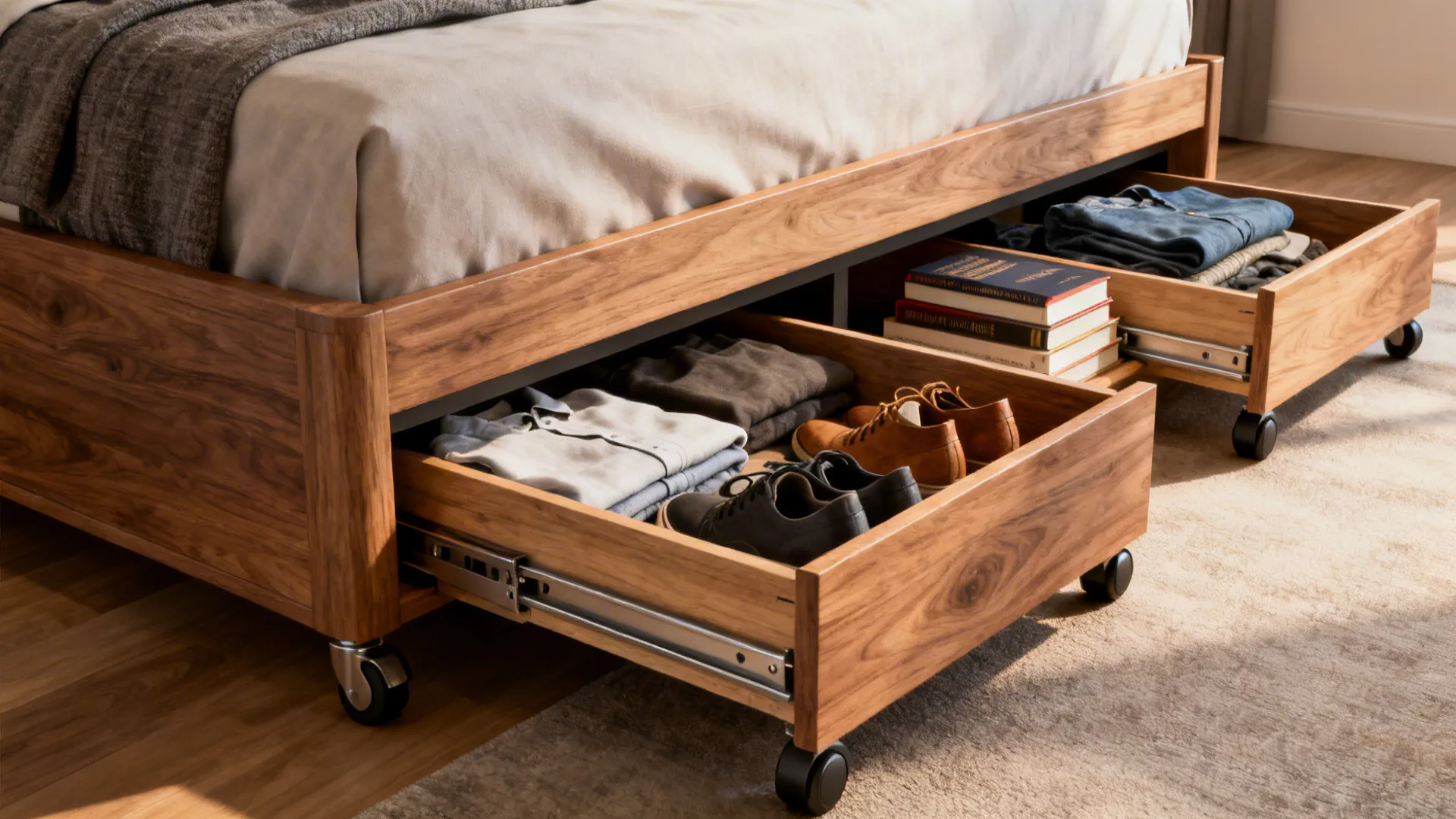 Under-bed sliding wooden drawers on casters storing clothes and textbooks
