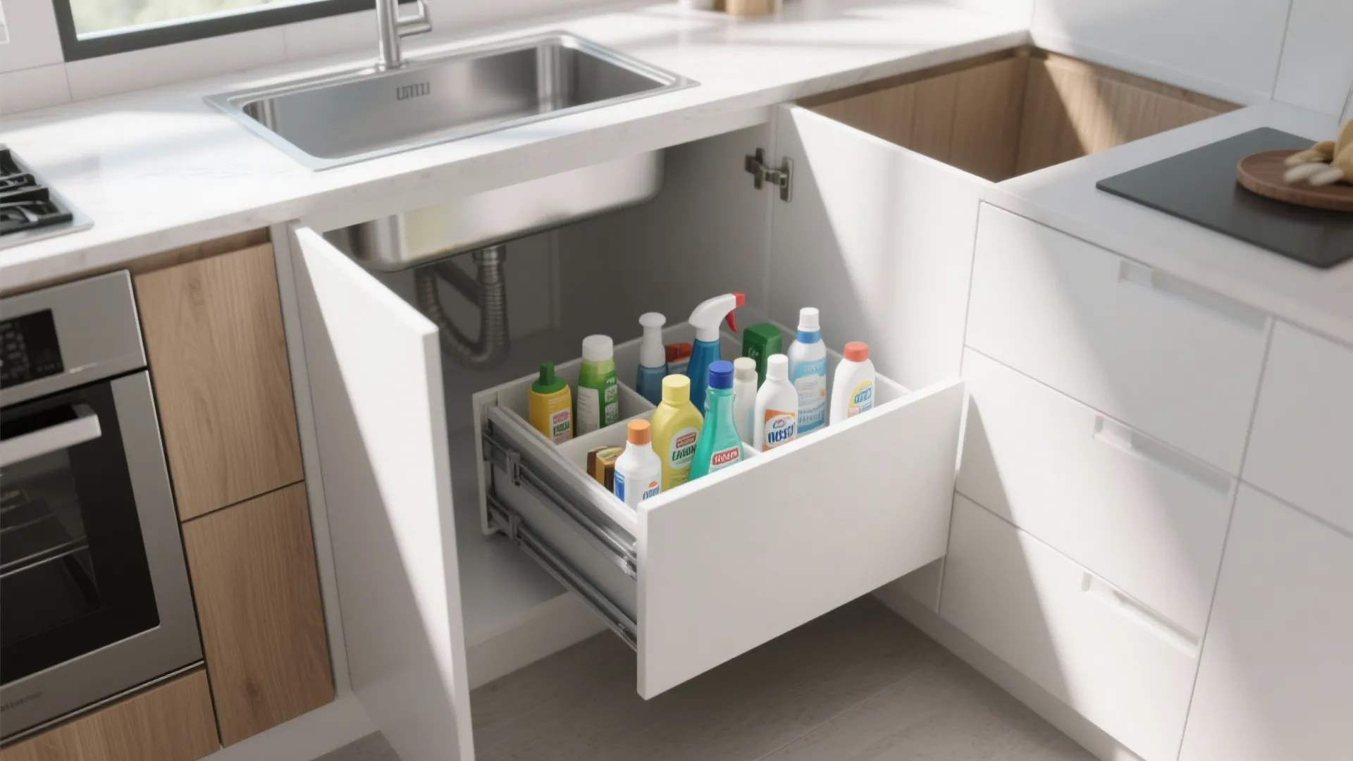 Under-sink sliding drawers neatly storing cleaning products