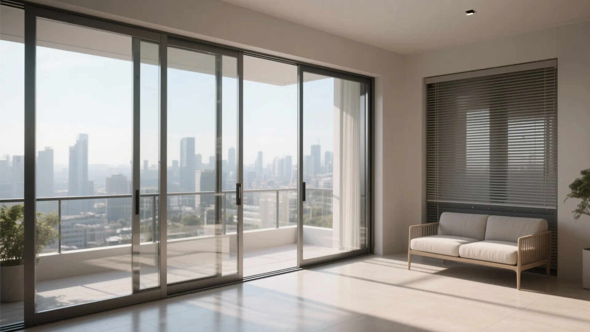 Bright living room with large glass sliding doors city view white sofa and window blinds