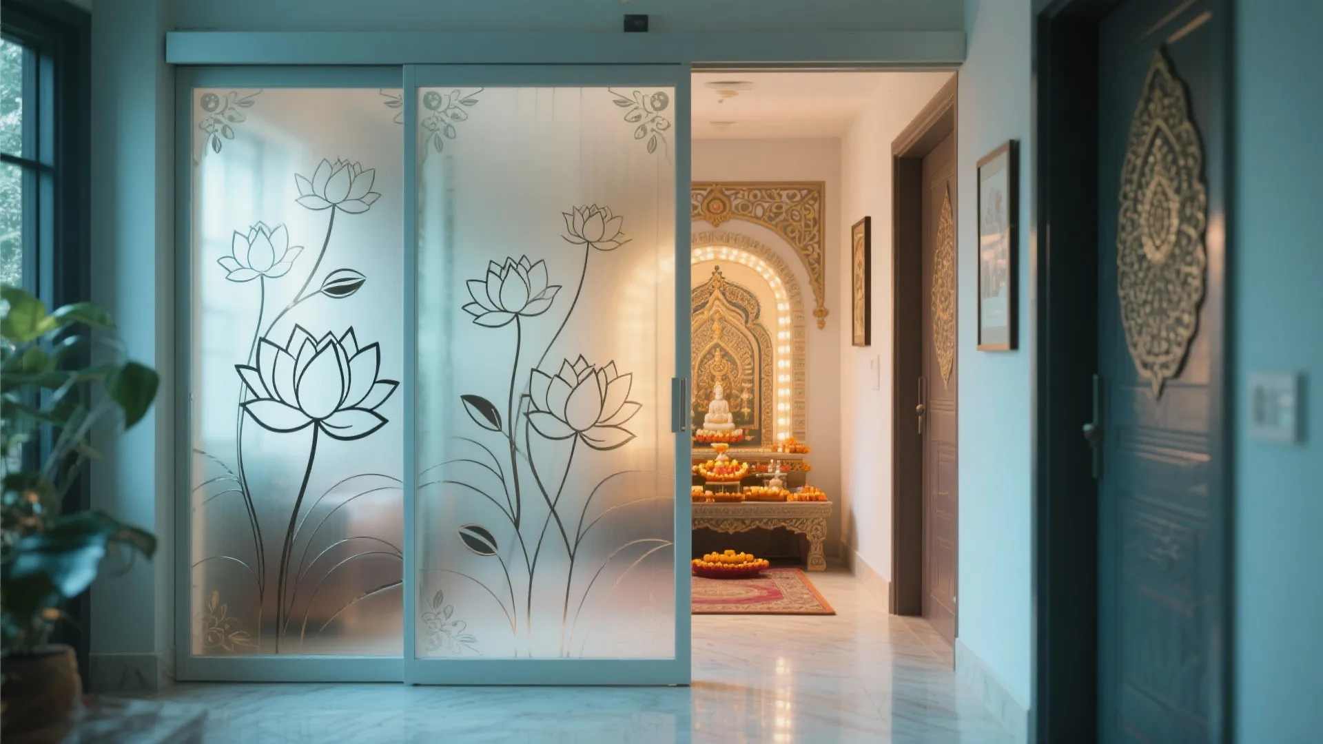 Sliding Glass Partition with Etched Artwork